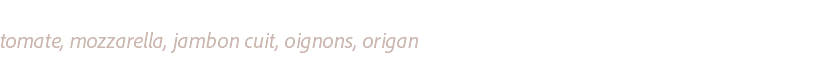 ROMAGNOLA............................................................................................................................................................................................................................................................
tomate, mozzarella, jambon cuit, oignons, origan
