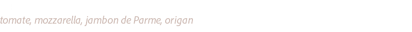 PARME ..........................................................................................................................................................................................................................................................................
tomate, mozzarella, jambon de Parme, origan